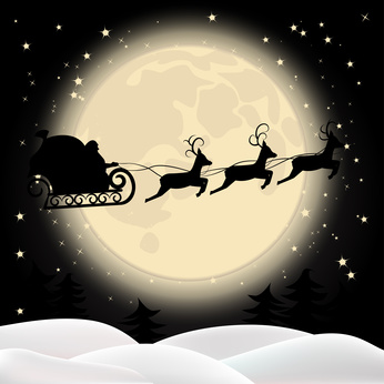 Silhouette of Santa Claus in a sleigh, his reindeer on the background of the moon.
