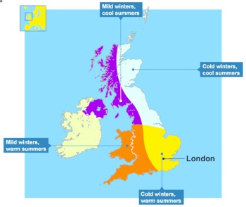 Climate map of the UK showing four distinct regions.