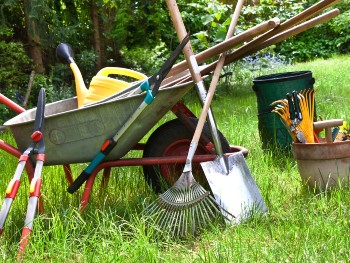 A wheelbarrow, spade, rake, watering can, loppers and other common garden tools.